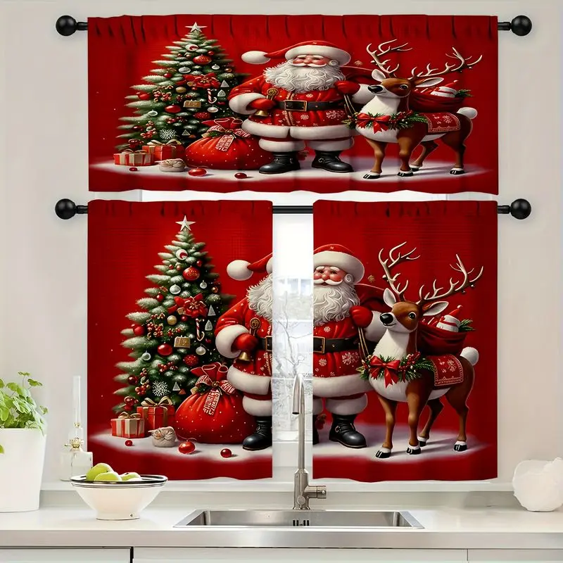 VIKAMA Christmas Kitchen Curtain Santa Xmas Tree Reindeer Gift Print Holiday Decoration Cafe Curtain Short Window Curtain Rod