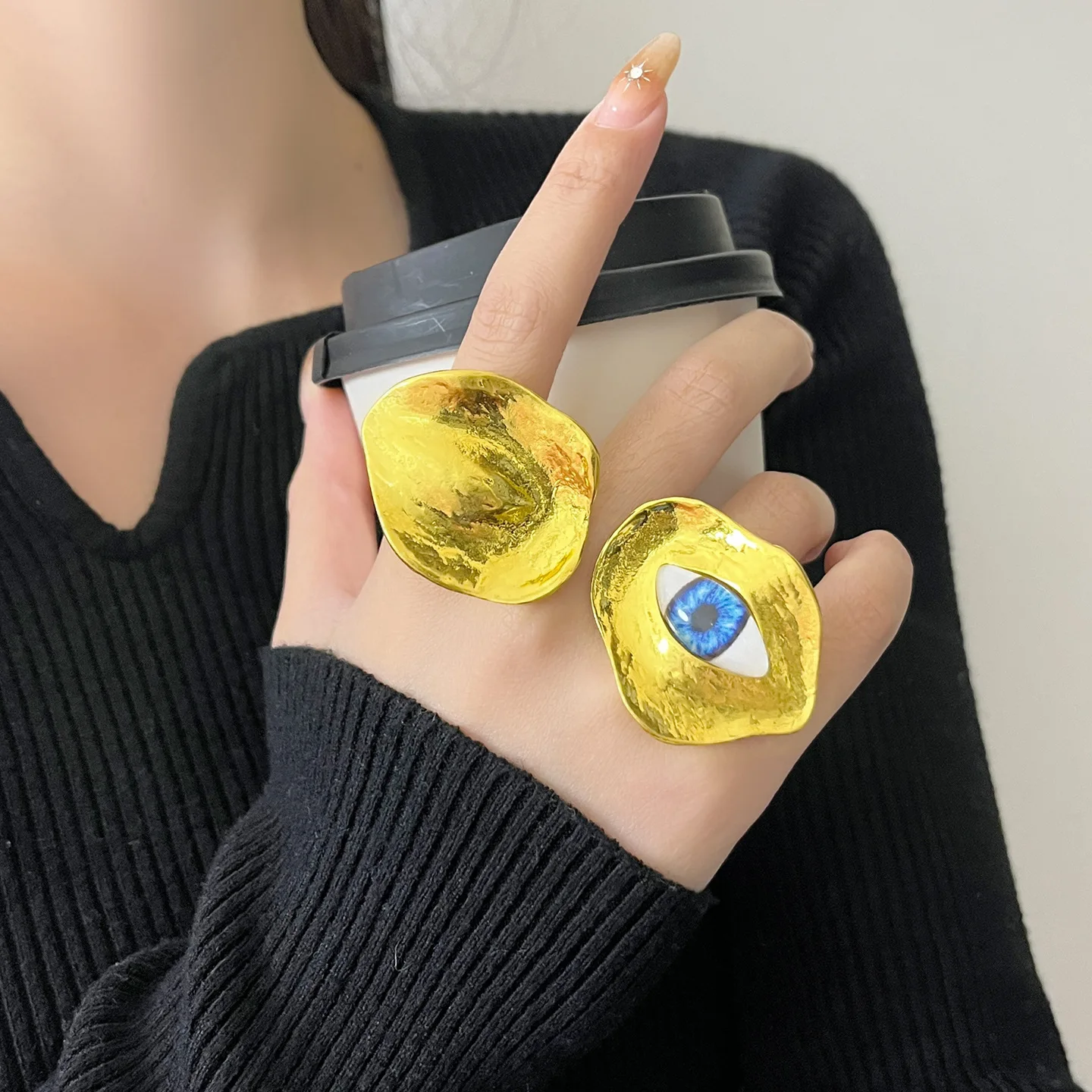 

New Niche Design Double Head Asymmetric Eye Open Ring Women Vintage Middle Ages Style Finger Ring Fashion Jewelry Accessory