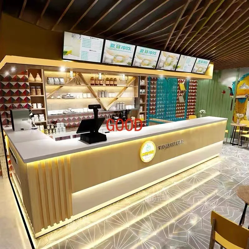 

Чай с молоком, кофейня, кассовый аппарат, коммерческий отель, водяной бар для отдыха, Г-образная стойка регистрации из цельного дерева