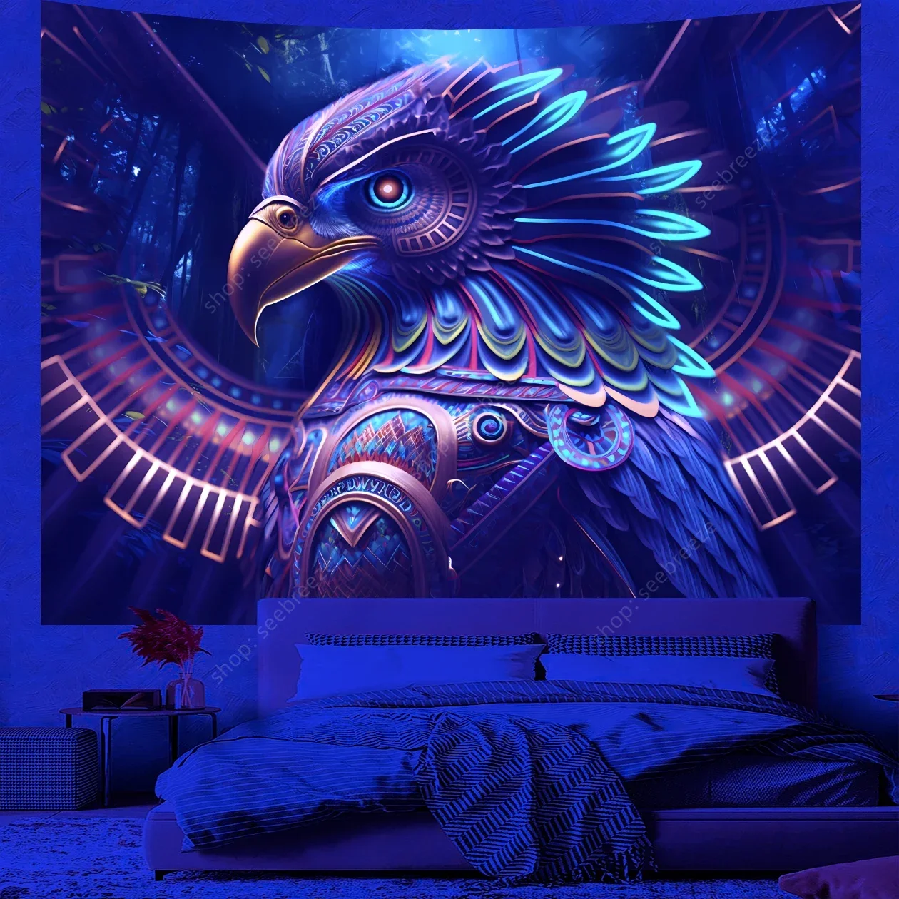 Arazzo animale Aquila psichedelica Arazzo reattivo UV Appeso a parete Hippie Room Decor Tenda Panno Telo mare Regalo per un amico