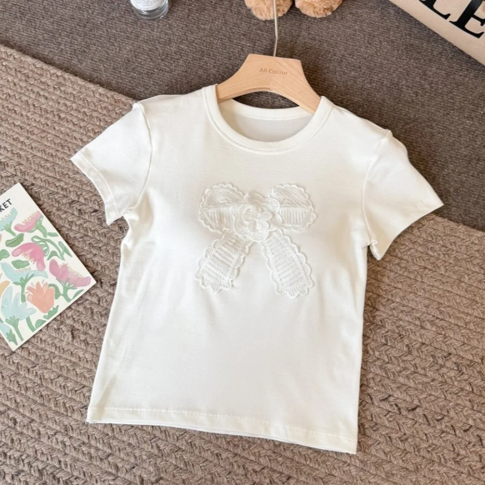 Ins الحلو القطن الكورية القوس تي شيرت مع منصات الصدر Bowknot Y2K المحاصيل القمم قميص مطرز قصيرة الكتف القمم النساء #2