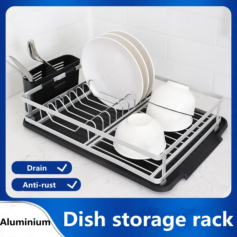 

Aluminium Alloy Dish Storage Rack Kitchen Drainer Drying Rack Plate Dishes Shelf Tableware Holder Knife And Fork Container