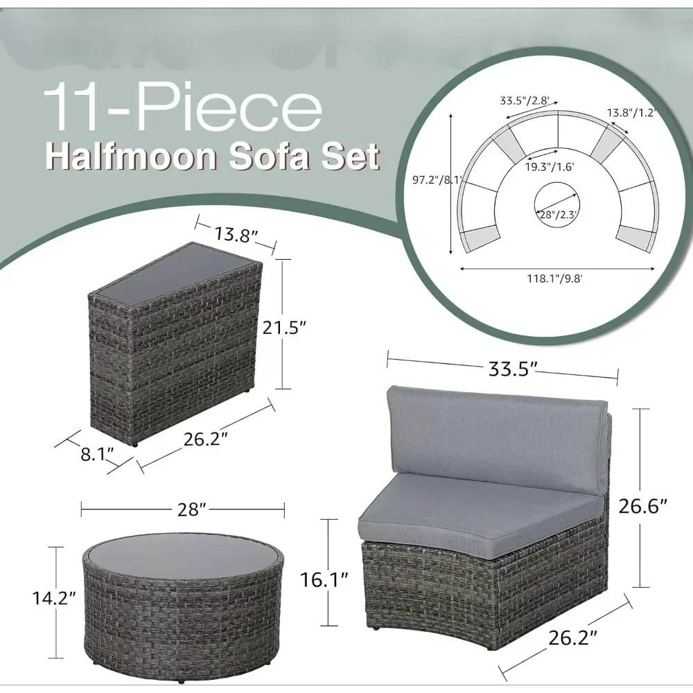 Мебель для уличного патио, секционный круглый комплект из 11 предметов в форме полумесяца, изогнутый диван с журнальным столиком, подходит для использования на открытом воздухе во дворе