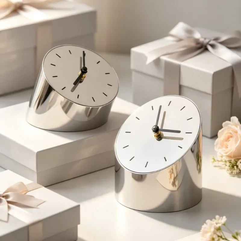 Korean Creative Metallic Beveled Silver Decorative Clock Showroom Home TV Cabinet Office Desk Decorative Ornaments Quartz Clock