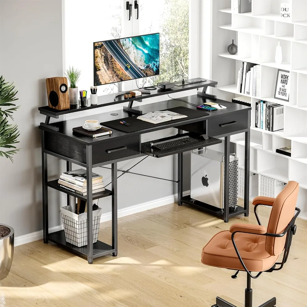 Computer Desks, with USB Charging Port and Keyboard Tray, 2 Drawers and Monitor Stand, with CPU Stand and Removable Shelf