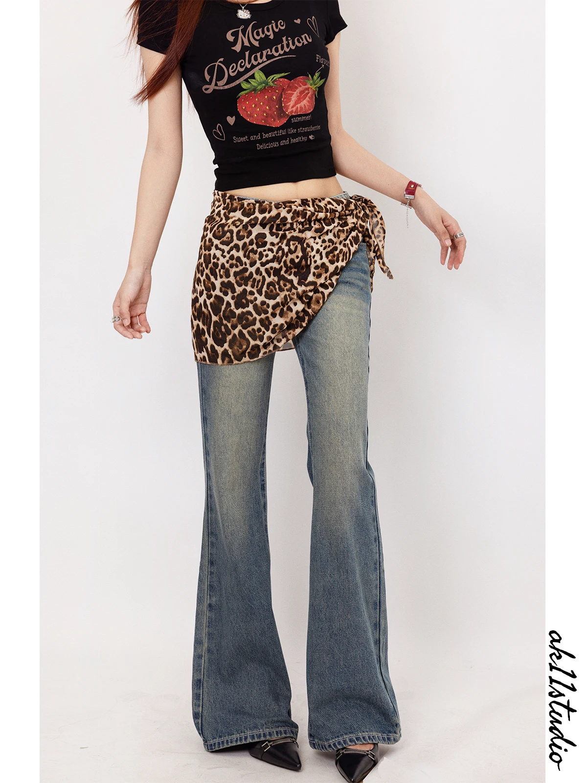 

American Retro Distred Micro Flared Jeans Women's Floor-Length Pants l Waist Denim Blue Long Trousers
