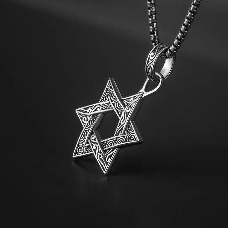 Six Pointed Star Pendant Necklace for Female Male Thai Silver Collarbone Chain Retro and Trendy Couple Accessories KOFSAC