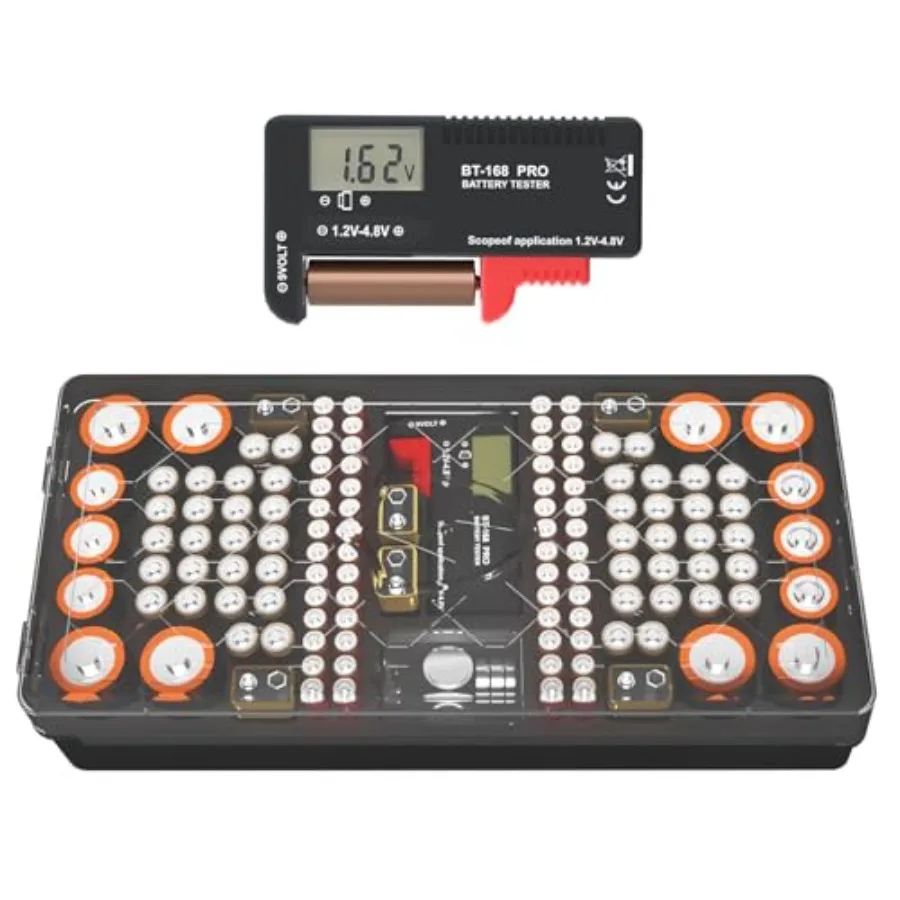 

Органайзер-кейс для хранения батареек с тестером, вмещает и защищает до 136 батареек, включая AAA, AA, C, D, 9V, кнопочные батарейки, с прозрачной крышкой.