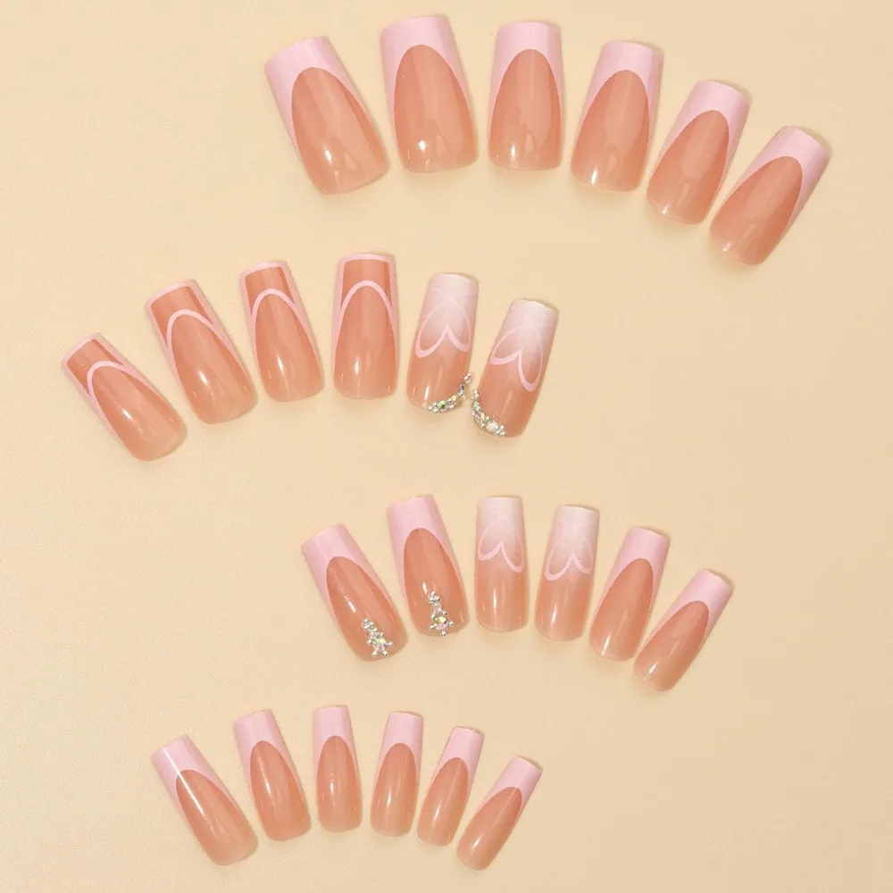 Square Glue-on Light Pink French Style Fake Nails with 3D Rhinestones and Hearts, Cute & Reusable for Women, 24 Pieces