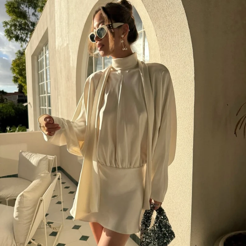 TARUXY Satin Lace-Up Wrinkles Dress Women's Fashion Sexy Crew Neck Loose Long Sleeves Solid Splicing Summer Short Dress Female