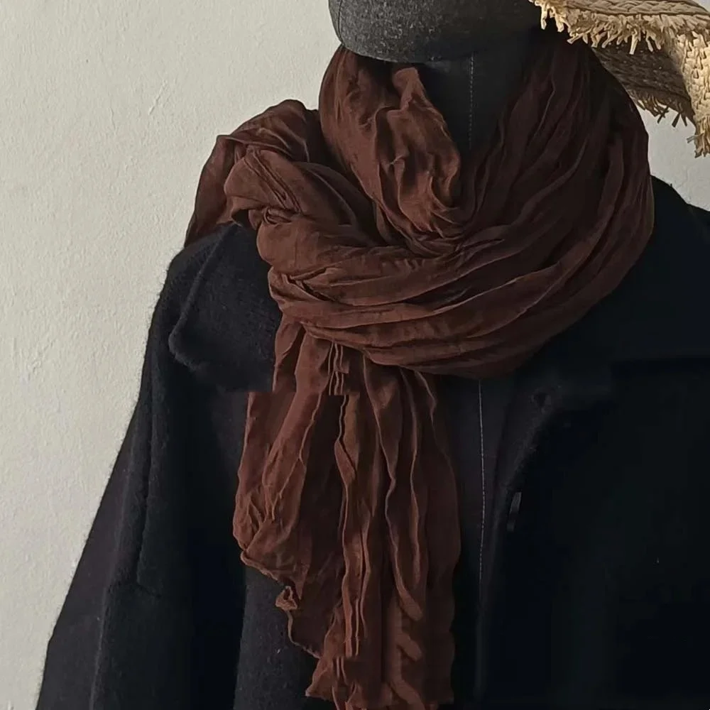 VREOVOR Solid Color Hand Feel Scarf Retro Autumn Winter New Pleated Green Thin Strip Shawl Men's Women's Thermal Silk