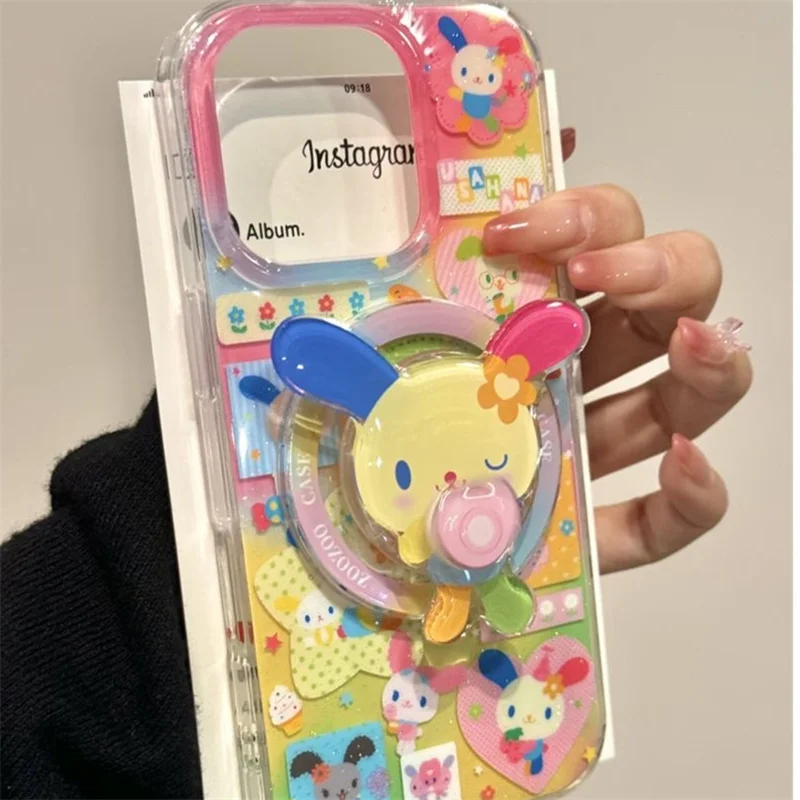 Magnetische Farbspleiß-Handyhülle mit Ohrhasen-Design und drehbarem Magnetständer für iPhone 11 12 13 14 15 16 17 18 Pro Max – Detail 1