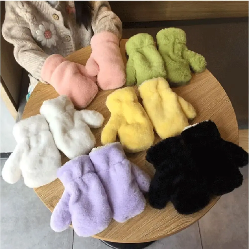 Fashion Plush Children Gloves Windproof Thick Warm Winter Fleece Mittens Solid Color Soft Kids Full Finger Gloves For 3-8Y Kids