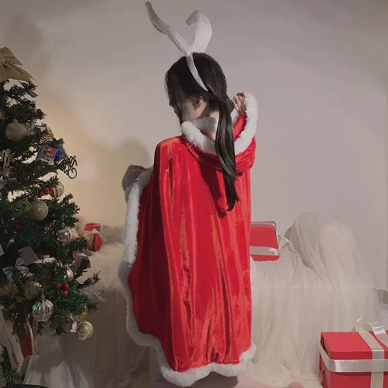 Sexy Lingerie Christmas Collection Collocation Solid Color Sleeveless Dress Wristband Collar Rabbit Ear Headband T Pants Cloak