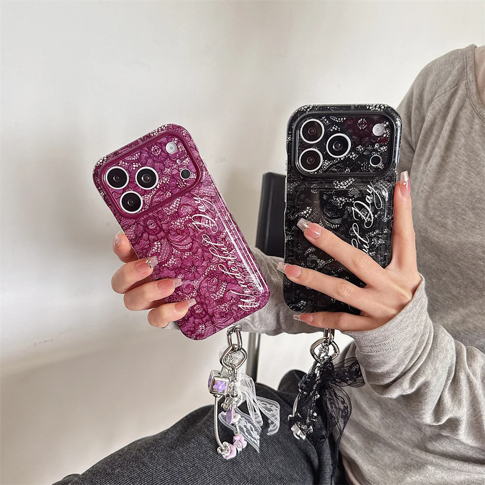 Korea Ins letters black lace Phone Case For iPhone 18 Pro 14 15 16 17 Pro Max Cover Shockproof Soft Cute Cases with Chain