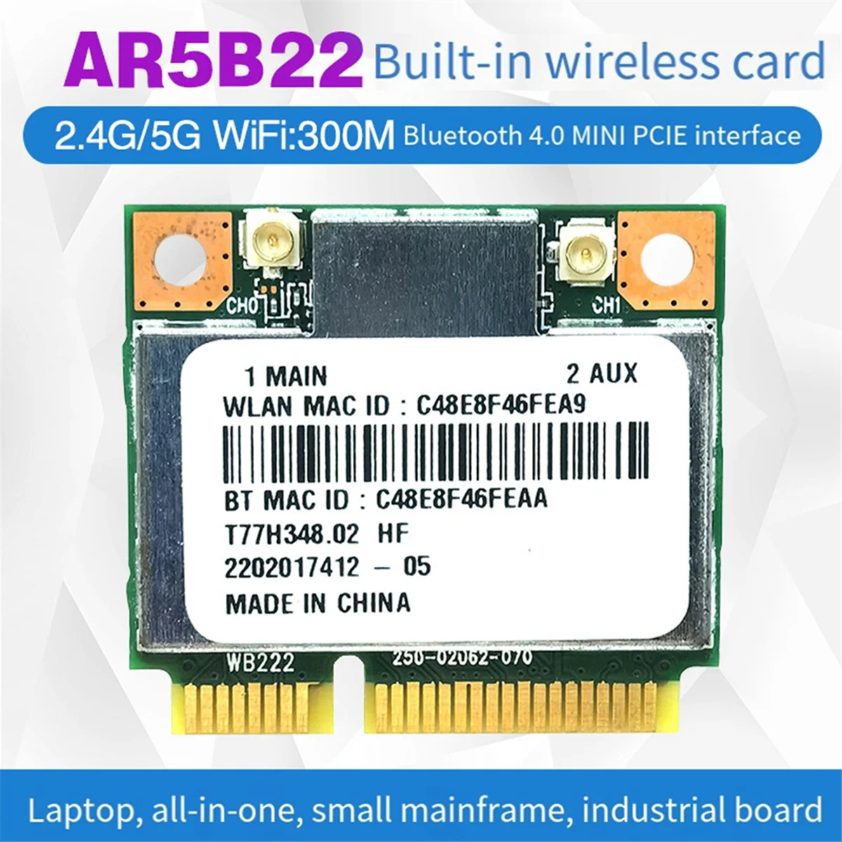 AR5B22 AR9462 WiFi Card 300Mbps 2.4G/5G Dual Band Bluetooth 4.0 Mini PCl-E WiFi Adapter for Windows7/8/10