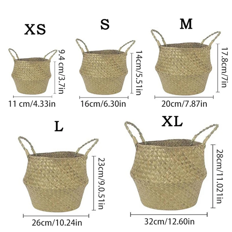 Ins Foldable Natural Seaweed Woven Straw Basket Storage Pot Garden Flower Vase Hanging Picnic Wicker Storage Basket Home Decor