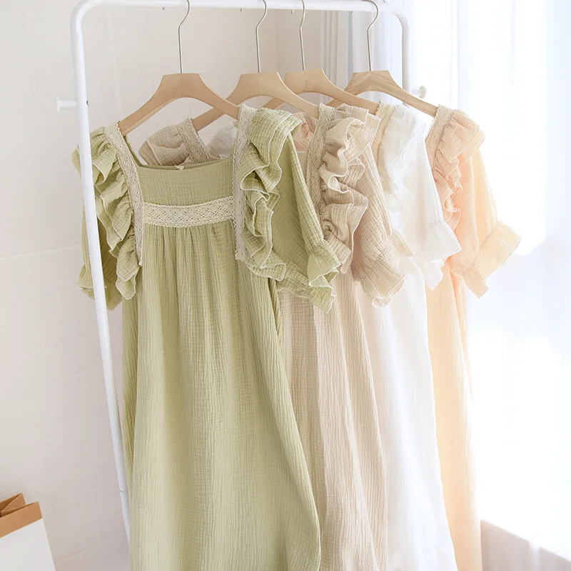 

Women's Cotton Sleeping Spring Summer New Lotus Leaf Sleeves Palace Style Solid Color Cotton Short Sleeved Sleeping Skirt