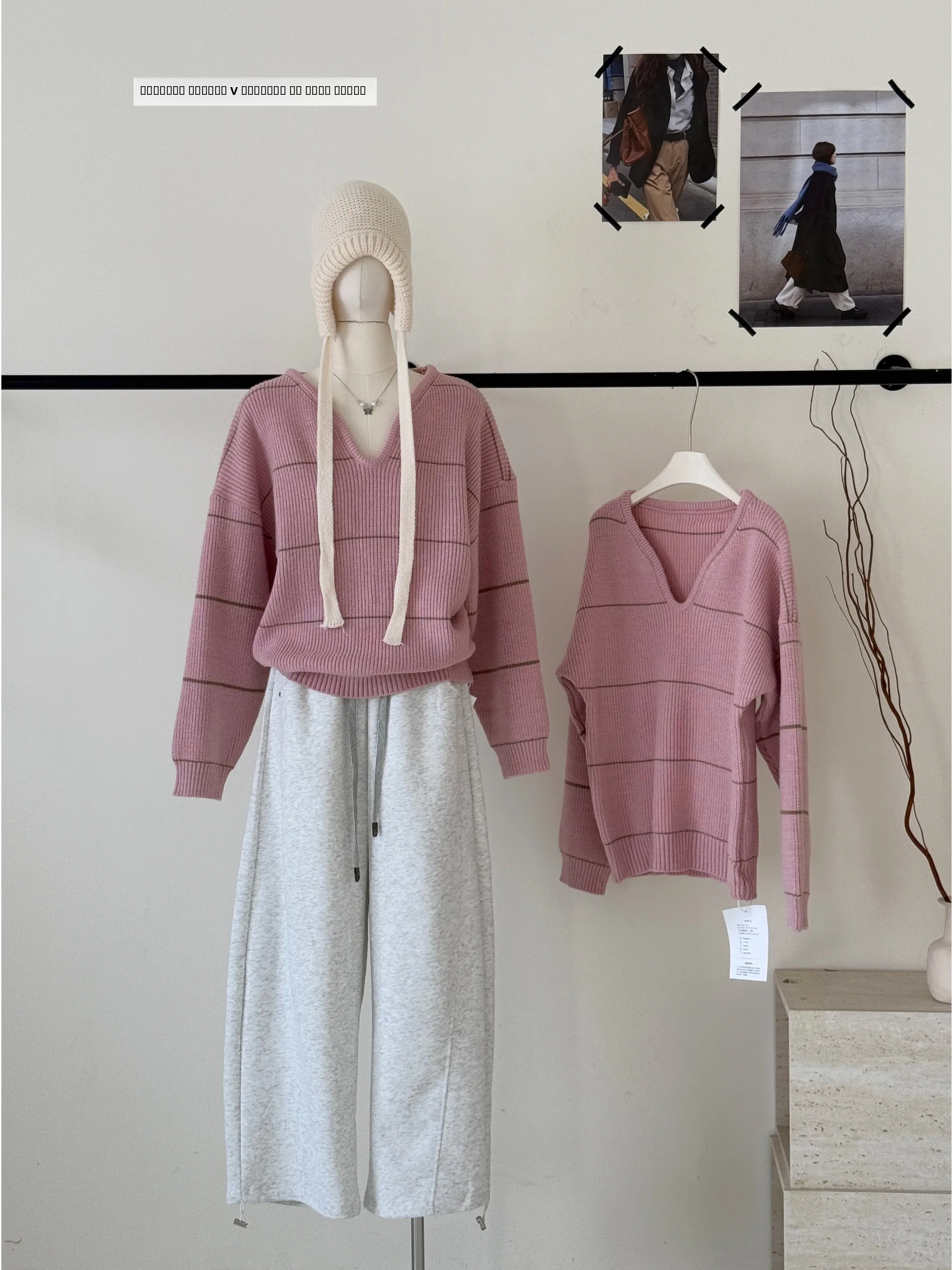

Pink Striped Knit Sweater Women's Loose Faionable Top Korean Lazy Sle Autumn Winter Warmth Heating V-ne Long Sve