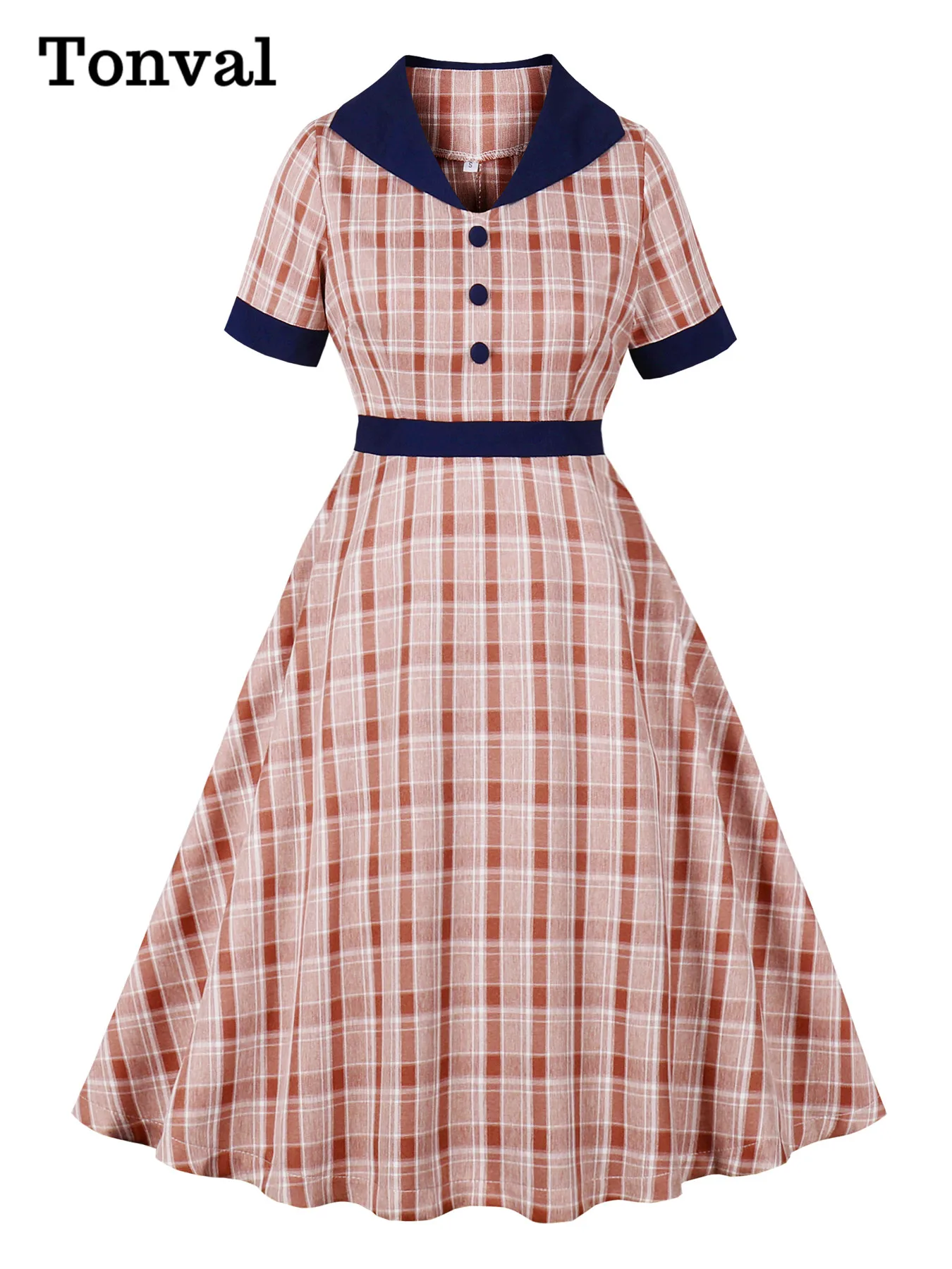 Tonval Turn-Down Collar Button Front High Waist Plaid Rockabilly Dresses Short Sleeve 2025 Summer Women A-Line Vintage Dress