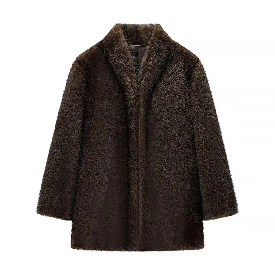 Invierno nuevo mujer Simple botón cálido decorado efecto piel Artificial largo cuello Sve abrigo de longitud media