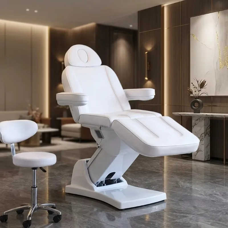 Luxury Beauty Salon Facial Bed Electric Height Adjustable Massage Table Curved Top White PU Leather Professional Memory Foam