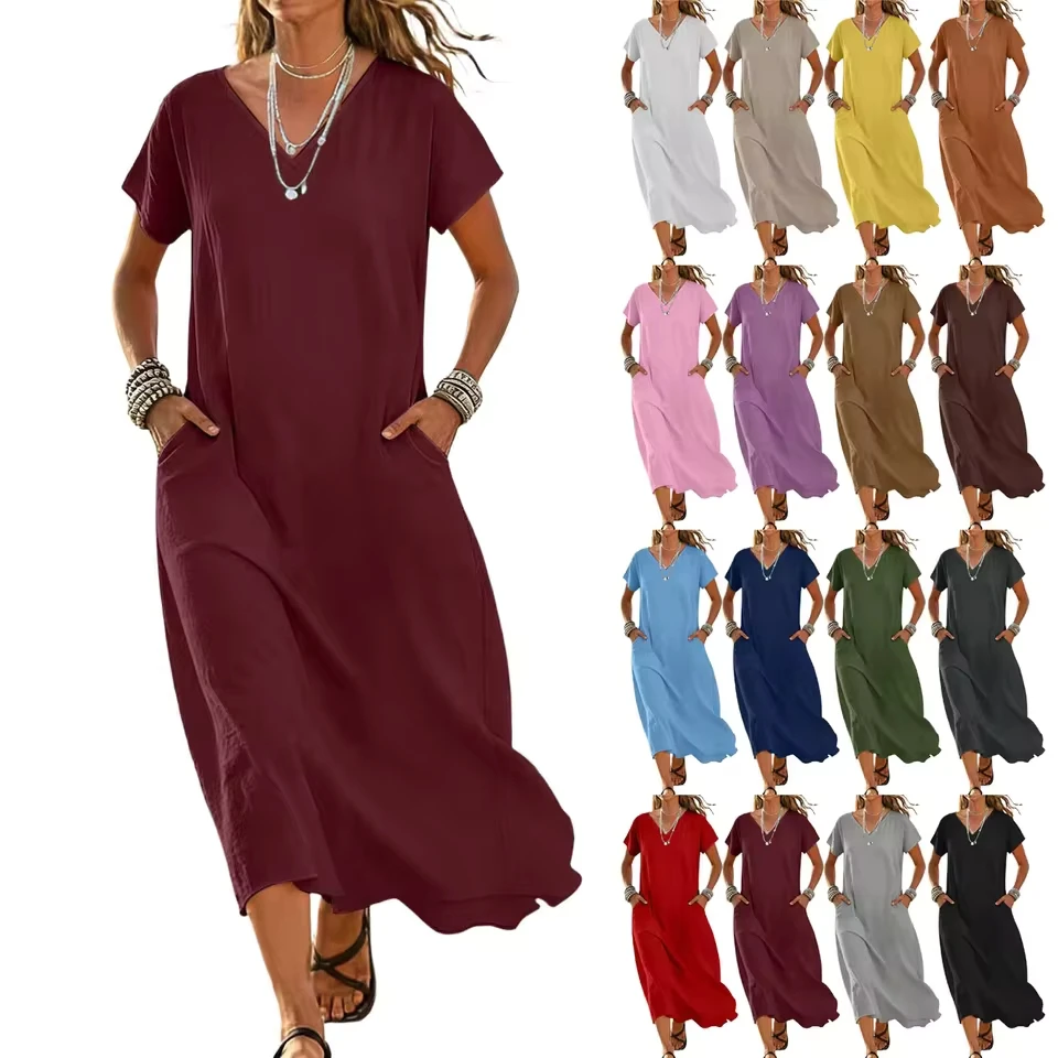 

Women Summer Boho Flowy Beach Vacation Dress Cotton Linen Solid Color Short Sleeve V Neck Long Dress With Pockets Boho Dress