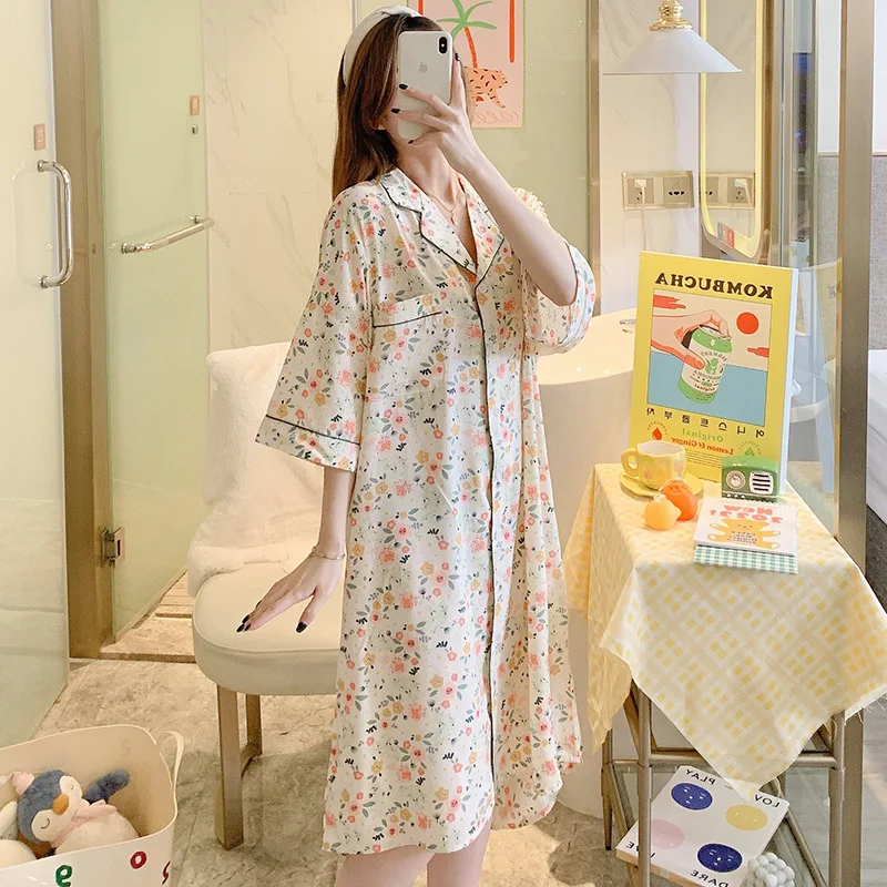 Plus Size Sleepshirts Women Homewear Sleep Nightdress Cotton Print Nightwear Home Dressing Gown Summer Long Nightgown Home Dress