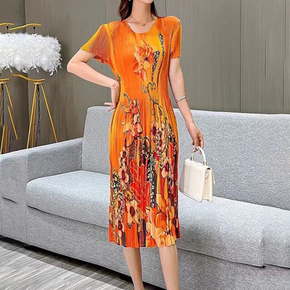 ファッション 薄手 半袖 伸縮性 Aラインスカート プリントプリーツ 新作ワンピース レディース服 夏 薄手 丸首