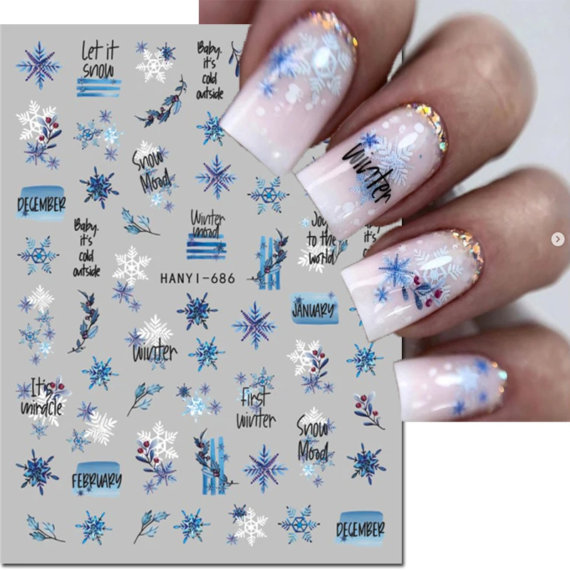 Autocollants adhésifs 3D pour ongles, décalcomanies, hiver, Noël, bleu, blanc, flocon de neige, curseurs, décoration, conseils, beauté