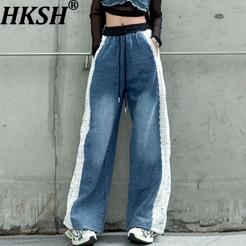 

Женские джинсы HKSH Y2K в американском ретро-стиле, с джинсовыми вставками, кружевом и цветными блоками, на шнурке, с эластичной талией, универсальные, широкие штанины HK19709
