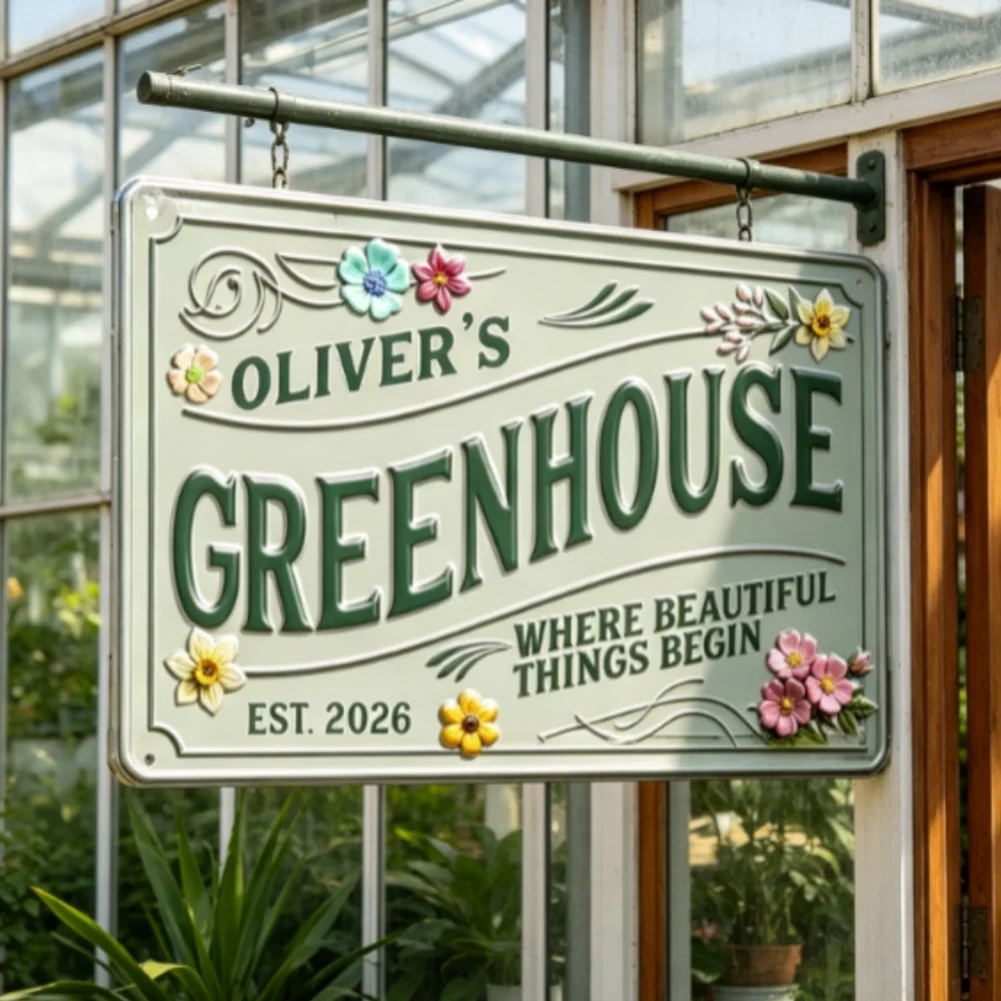 Minimalist Metal Greenhouse Sign for Exterior Building Labeling with Clean Typography and PET Weather Resistance