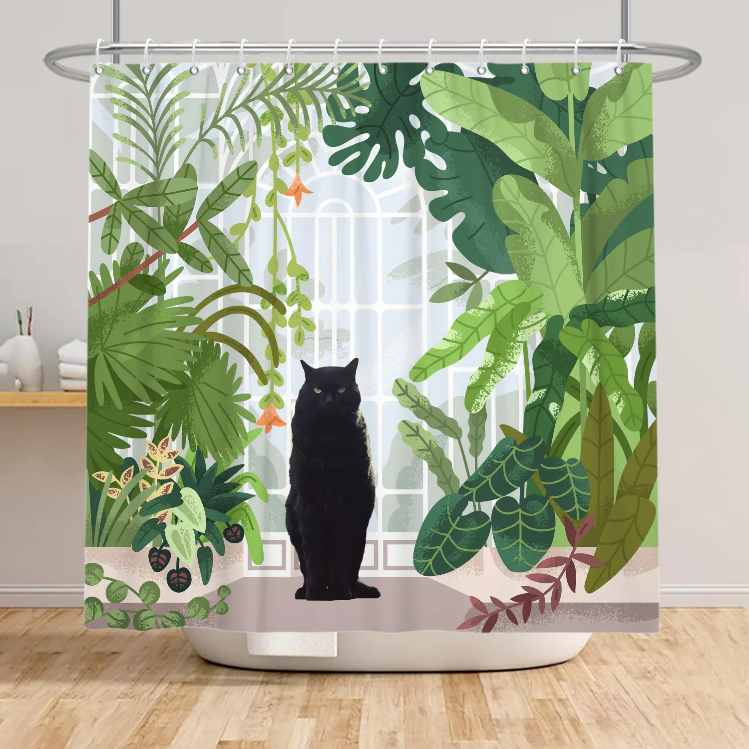 Green Tropical Rainforest Shower Curtain Cute Black Cat Modern Home Bathroom Decor Polyester Fabric Shower Curtains with Hooks