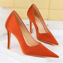 Large Size 34-43 Women 10.5cm High Heels Scarpins Silk Pumps Lady Orange Green Stiletto Heels Fetish Wedding Bridal Prom Shoes