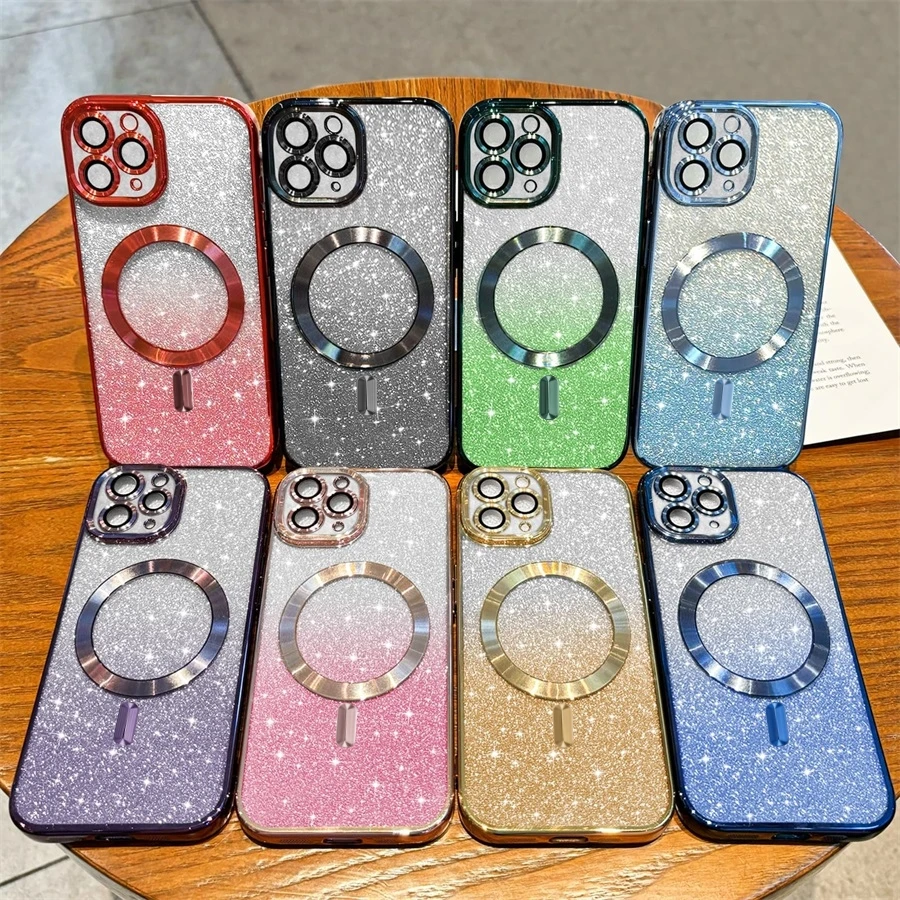 Gradient Glitter Case For iPhone 16 15 14 13 12 11 Pro Max Plus Shockproof Bling Soft Bumper Magsafe Magnetic Wireless Cover