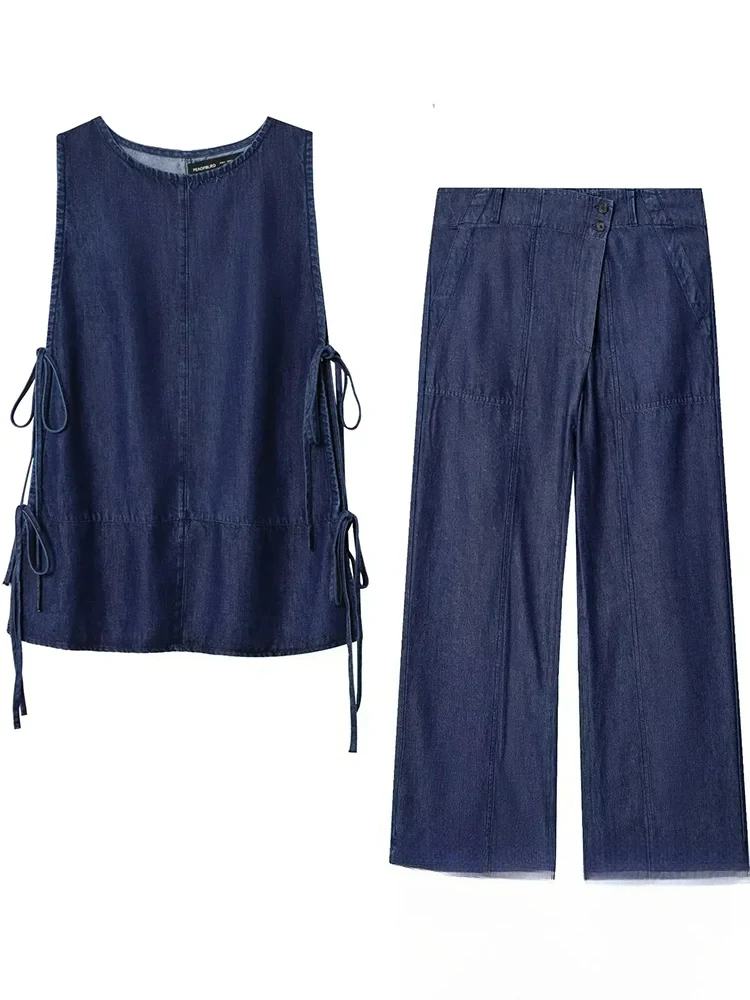 

KONDALA повседневный шикарный женский костюм, однотонный джинсовый топ без рукавов с круглым вырезом и бантом, длинные прямые брюки на пуговицах, новая мода, осенние комплекты 2023 г.