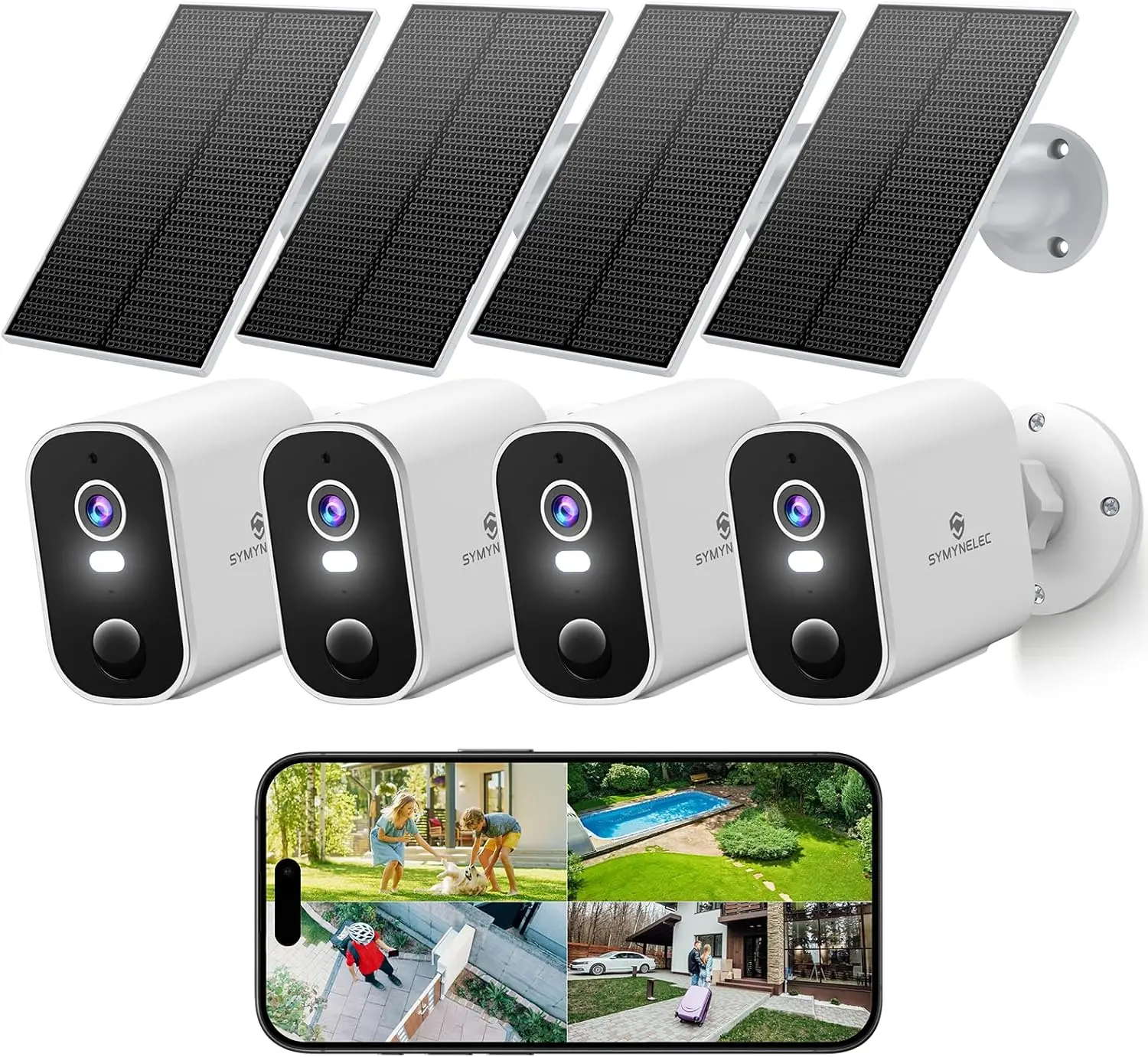 

Комплект из 4 солнечных камер безопасности: беспроводная уличная система с ночным видением 2K, датчиком движения и водонепроницаемым корпусом