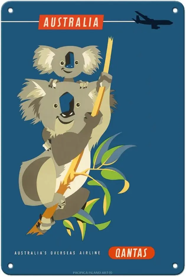 Pacifica Island Art Australia - Koala Bears - Qantas Empire Airways (QEA)- TEAL BOAC AIR INDIA - Vintage Airline Travel Poster b