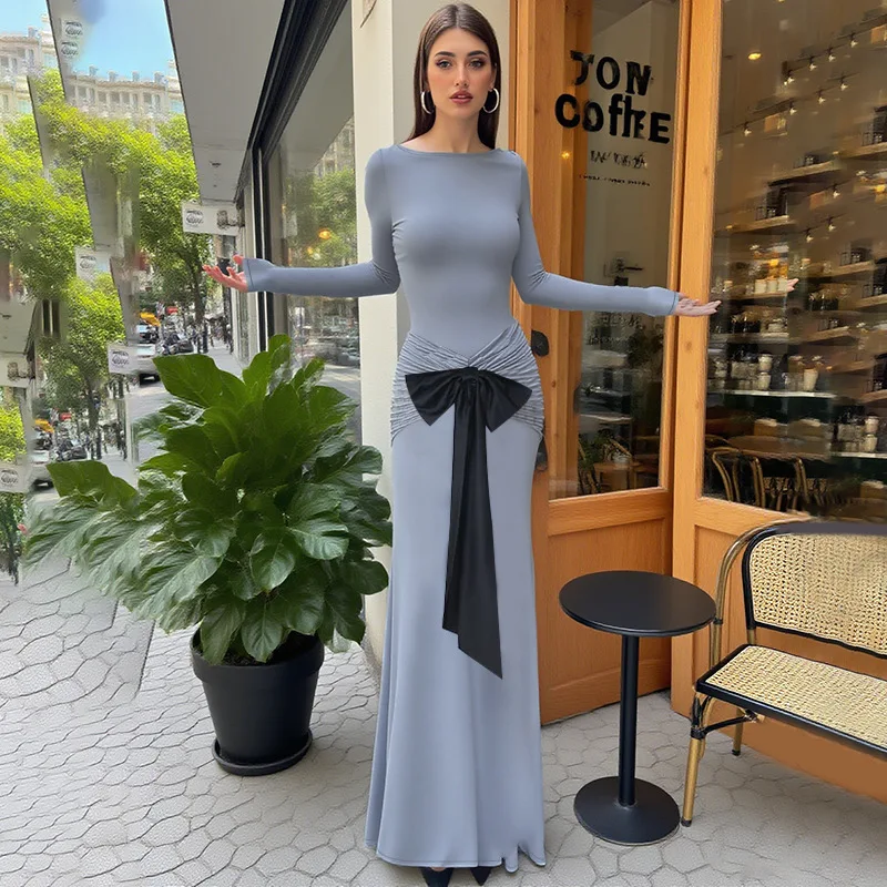 ZX25252PFO Vestido ajustado de manga larga con pajarita elegante y adelgazante, superventas