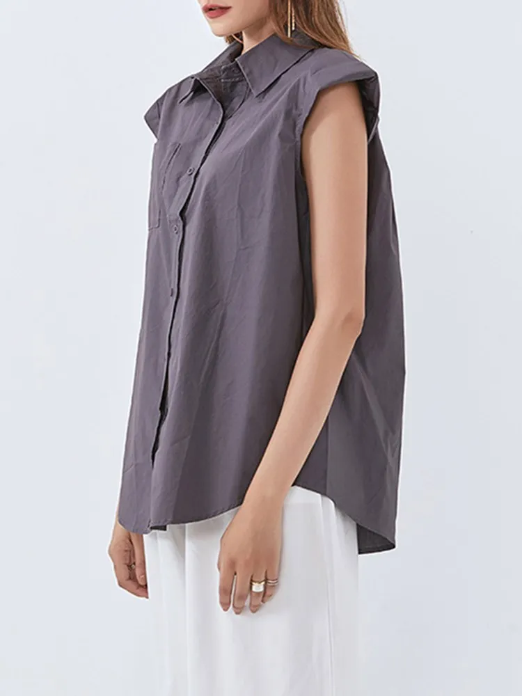 KBQ Casual Spliced Single Breasted Shirts For Women Lapel Sleeveless Patchwork Pocket Loose Solid Straight Blouses Female New