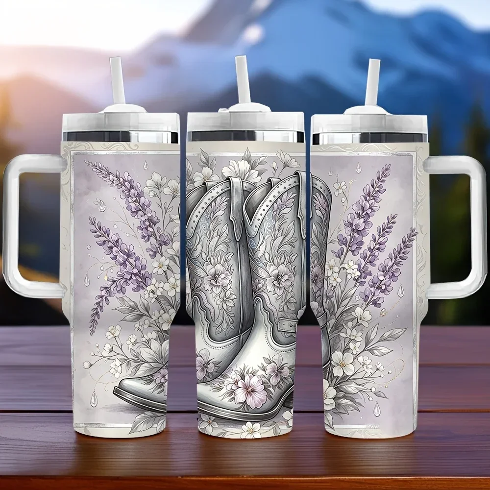 40Oz Insulated Tumbler with Handle, Featuring Floral Cowboy Boots Print, Keeps Temperature for Long Time, Perfect Holiday Gift for Western Style Lovers, Suitable for Daily Use And Outdoor Travel