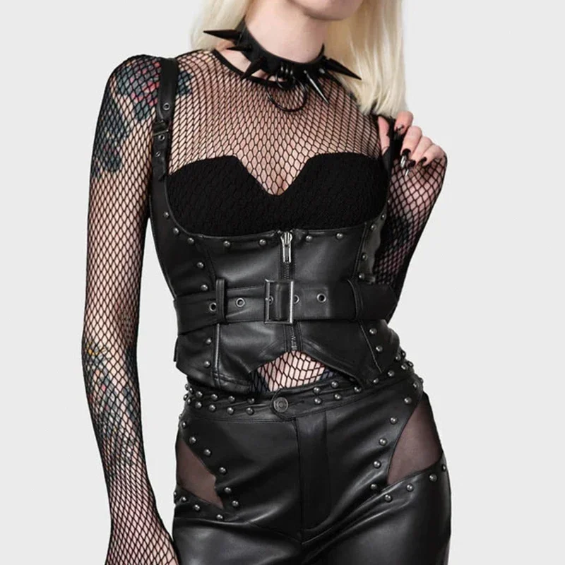 Corsé gótico Punk para mujer, faja negra de cuero PU con cremallera, hebilla con ojales, cinturón, corpiño, ropa de calle a la moda, accesorios para la cintura