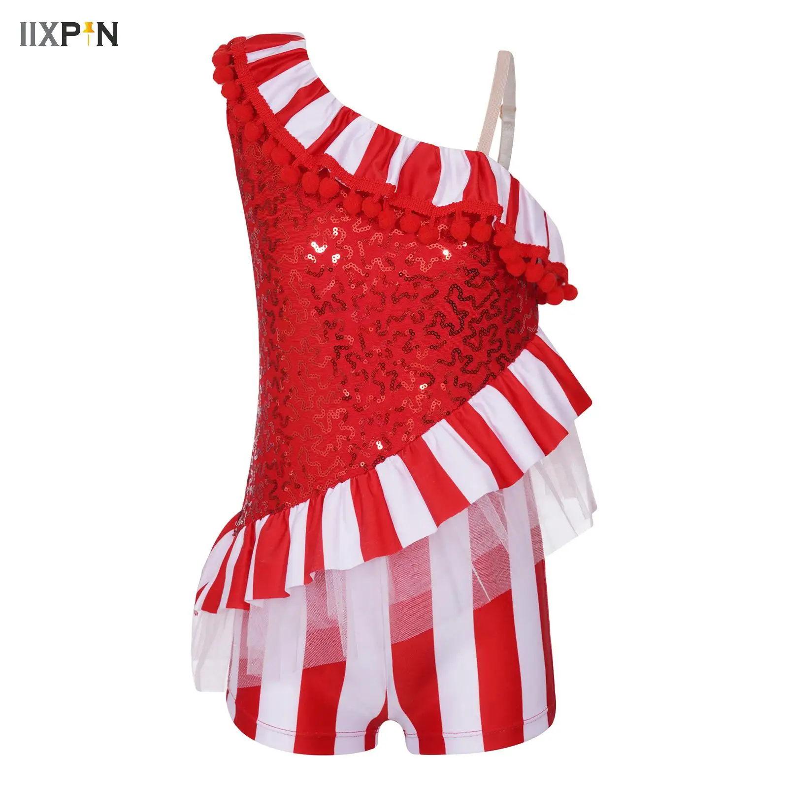 

Girl Striped One Shoulder Jumpsuit Christmas Candy Cane Costume Ruffled Dance Unitard Xmas Elf Dress Stage Performance Dancewear