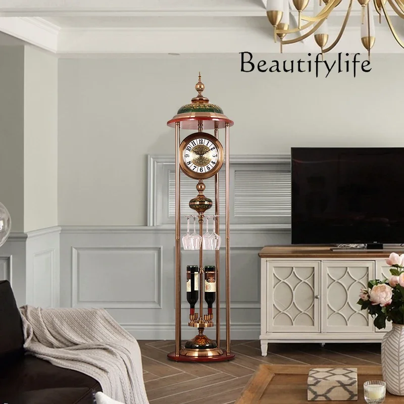 J Wine Trough Floor Clock Metal Solid Wood Living Room Standing European Large Clock Ornament Silent Quartz Clock