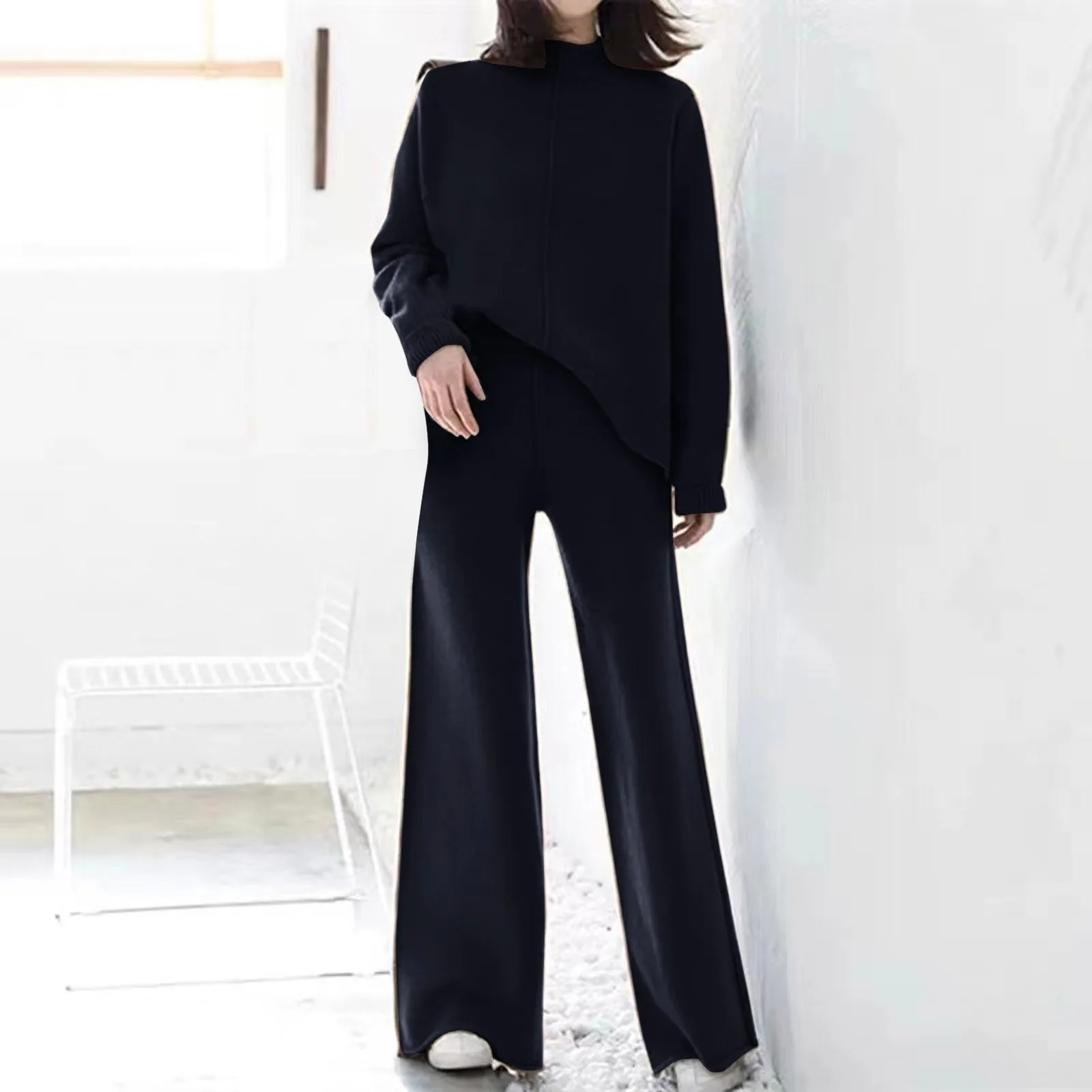 Autumer Winter Loose Casual Warm Two Piece Set Elegant O Neck Long Sleeve Knit Sweater High Waist Wide Leg Pants Suit Women