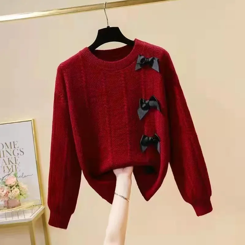 Neploe Elegant Sweet Bow Split Sweaters Mujer 2024 Autumn New O-neck Lazy Tops Women Y2k Long Sleeve Knitted Pullovers