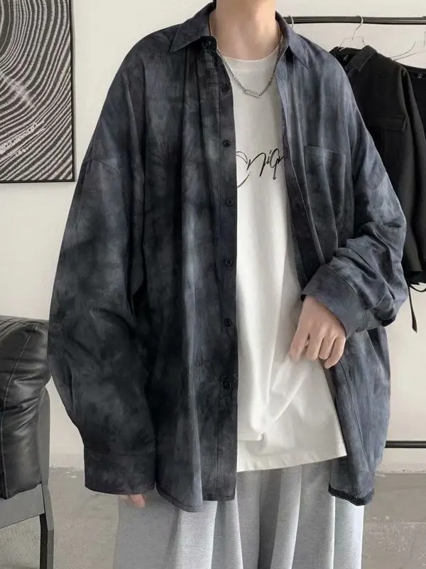 

Loose Men's Long Sve irt Dyed Pattern Korean Sle Spring New Couple's Top Polyester Fiber ex Open Cardigan