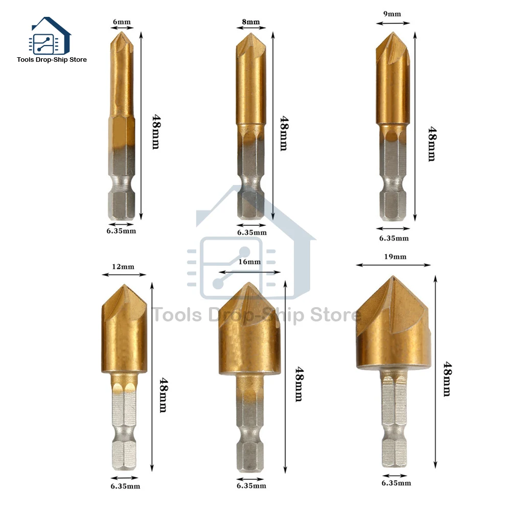 

1 комплект, набор мини-зенковочных сверл, инструменты, 1/4 дюйма, шестигранный хвостовик, HSS, 5 канавок, зенковка по дереву, фреза для снятия фаски, фаска 6 мм-19 мм