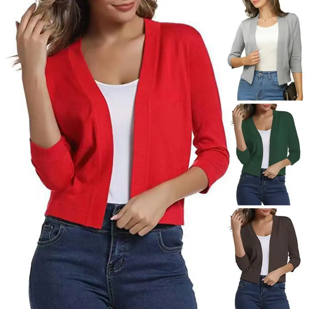 Chaqueta de punto sin cuello para mujer, cárdigan elegante con mangas 3/4, Color sólido, costura abierta, Chaqueta corta versátil