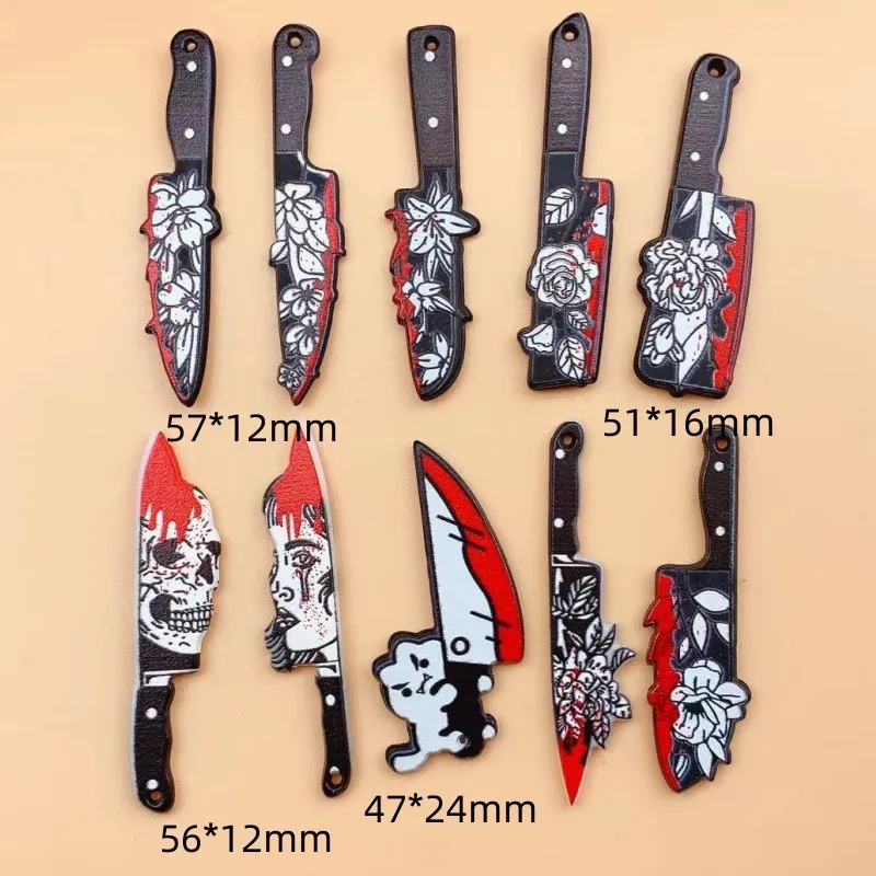 Double-Sided Gothic Black Flower Dagger Acrylic Charms, 10pcs